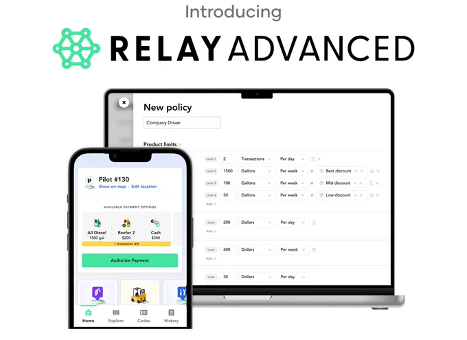 RelayAdvanced launch graphic highlighting policy-driven fueling, role-based access, segmentation, SSO, and reporting for fleets
