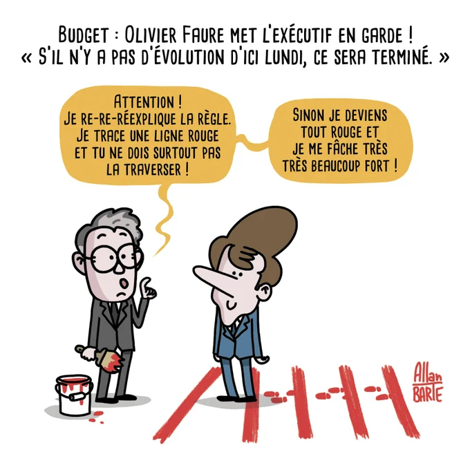 Dessin d'Allan BARTE.
Titre : Budget : Olivier Faure met l’exécutif en garde !
« S’il n’y a pas d’évolution d’ici lundi, ce sera terminé. »

Olivier Faure, pot de peinture aux côtés et pinceau rouge à la main, tentant d'être convainquant.
- Attention ! Je re-re-réexplique la règle. Je trace une ligne rouge et tu ne dois surtout pas la traverser !
- Sinon je deviens tout rouge et je me fâche très très beaucoup fort !
Face à lui, Macron, tout sourire. On voit au sol, plusieurs lignes rouges tracées et piétinées successivement par Macron.
