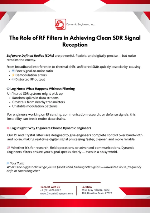 Informational graphic by Dynamic Engineers, Inc. titled “The Role of RF Filters in Achieving Clean SDR Signal Reception.” It explains how unfiltered SDRs suffer from poor signal-to-noise ratio, demodulation errors, and distorted output, and highlights how Dynamic Engineers’ RF and crystal filters improve signal clarity and reliability for communication and research systems.