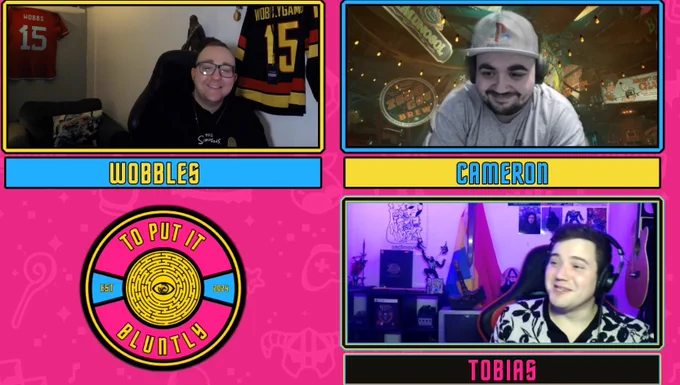 Three people are visible in a virtual meeting, each in their own frame on a colourful background. They are labelled Wobbles, Cameron, and Tobias. A logo reads "To Put It Bluntly."