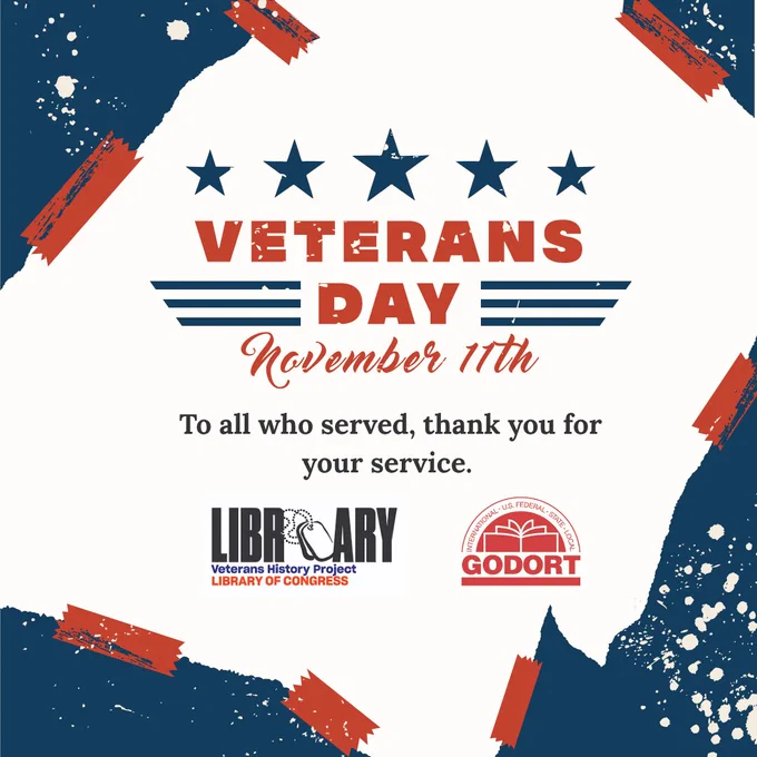 Red, white, and blue splattered paint. Text: "Veteran's Day - November 11th. To all who served, thank you for your service." 