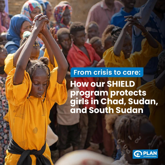 Group of children in a group, with text promoting Plan International's SHIELD program aimed at protecting girls in Chad, Sudan, and South Sudan. [Plan International Canada]