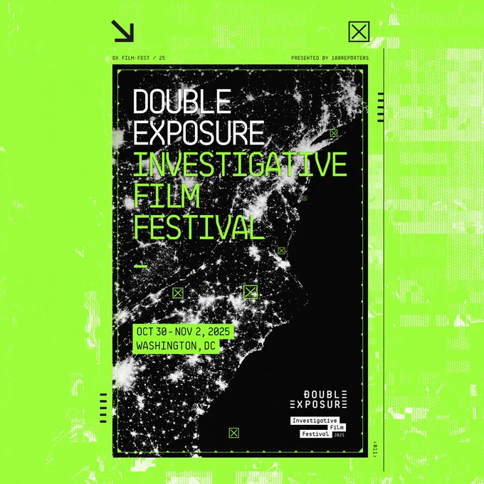 Promotional poster for the Double Exposure Investigative Film Festival, dated October 30 to November 2, 2025, in Washington, DC. The poster features a distressed black and white design with green accents.