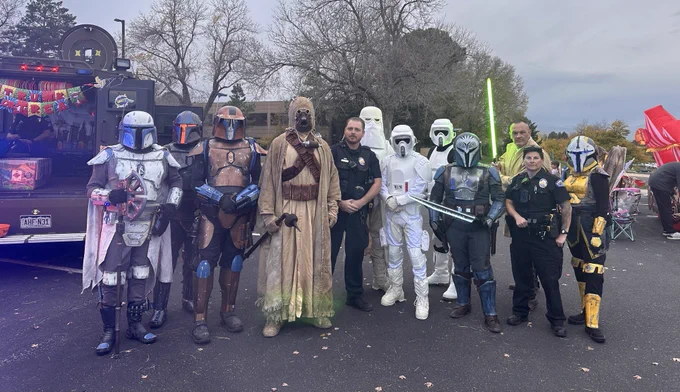Police Officers with people dressed as Star Wars characters for Halloween