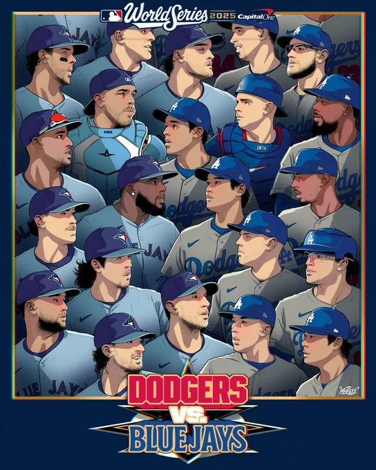 An illustrated graphic featuring 22 players from the Blue Jays and Dodgers. The 2025 World Series logo is at the top, and "Dodgers vs. Blue Jays" is written at the bottom.