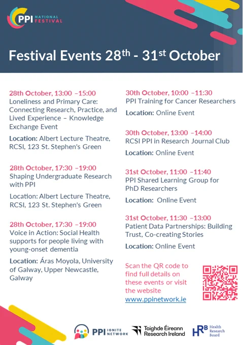 This is a picture of text. It lists the PPI Festival events taking place from the 24th of October to the 31st of October. These details are available on the PPI Ignite Network events calendar available at https://ppinetwork.ie/events-calendar/