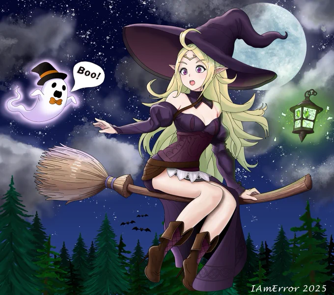 Nowi from FE13 wearing the Witch outfit from FE14. She is soaring over a forest at night on when a ghost decides to play a prank on her.