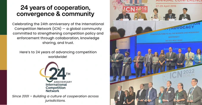 Image celebrating the 24th anniversary of the International Competition Network (ICN).
On the left, the text reads: “24 years of cooperation, convergence & community.” Below, it highlights ICN’s role in strengthening competition policy and enforcement worldwide through collaboration, knowledge sharing, and trust.
On the right, three photos show moments from past ICN conferences: a panel discussion, an award ceremony, and a group of participants posing with plaques. The ICN 24th Anniversary logo appears at the bottom with the tagline: “Since 2001 – Building a culture of cooperation across jurisdictions.”
