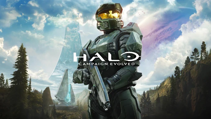 The new art for Halo: Campaign Evolved featuring Master Chief standing in the middle with the ring behind him.