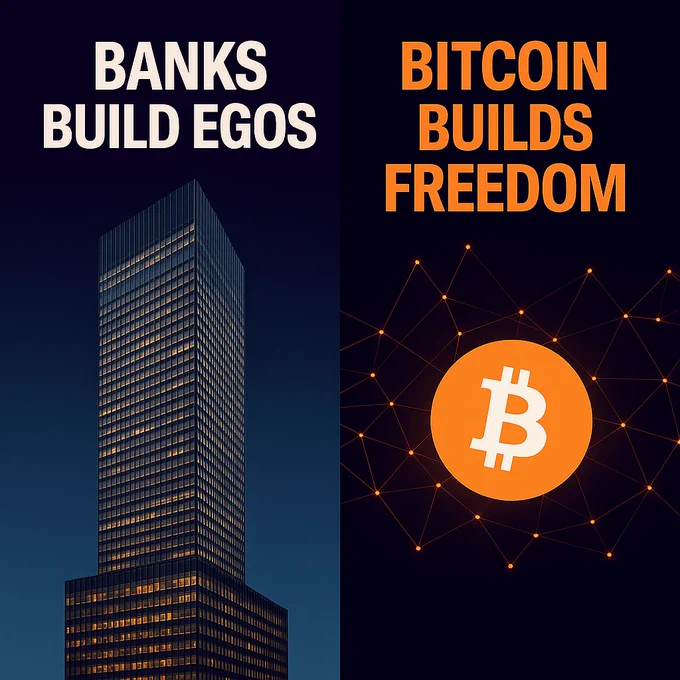 Banks Build Egos. Bitcoin Builds FREEDOM. 
#Bitcoin #SoundMoney #Decentralization