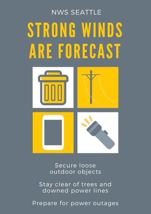 NWS Seattle graphic showing that strong winds are forecast. Secure loose outdoor objects, stay clear of trees and downed power lines, and prepare for power outages.