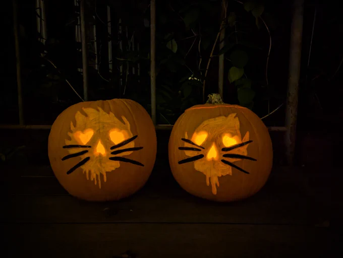 Pumpkins carved based on Dan and Phil's "take me back to 2009" sweater design, in various lighting.