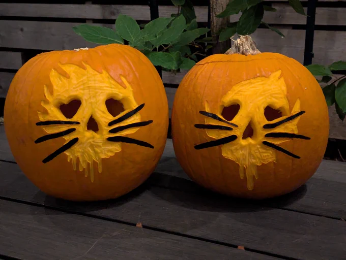 Pumpkins carved based on Dan and Phil's "take me back to 2009" sweater design, in various lighting.
