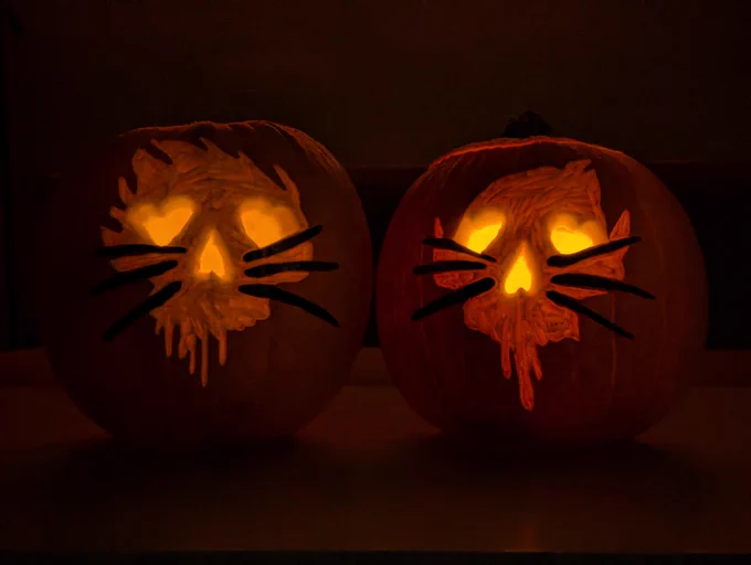 Pumpkins carved based on Dan and Phil's "take me back to 2009" sweater design, in various lighting.