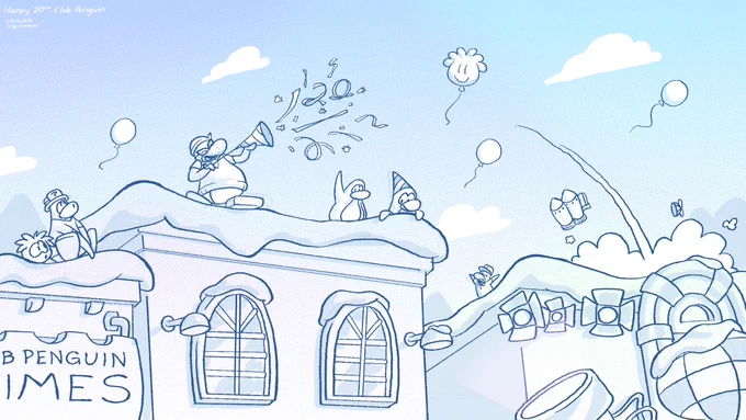 Aunt Arctic and other penguins celebrate Club Penguin's 20th anniversary above the town