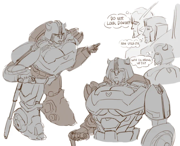 a sketch page of idw rid bumblebee with big boobs under his chest armour. the first sketch shows him arguing and angrily pointing at someone, his cleavage visible from above. the second is a bust of him looking peeved, showing his cleavage and underboob. the third is of him annoyingly thinking “what is prowl up to?” while starscream smugly thinks “how uncouth” and metalhawk stressfully thinks “DO NOT LOOK DOWN!”