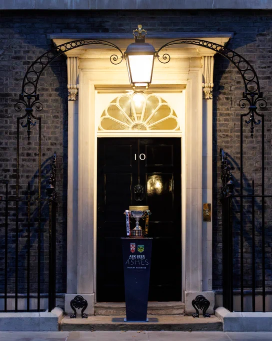 England and Australia Rugby League trophy ahead of Ashes outside 10 Downing Street.
