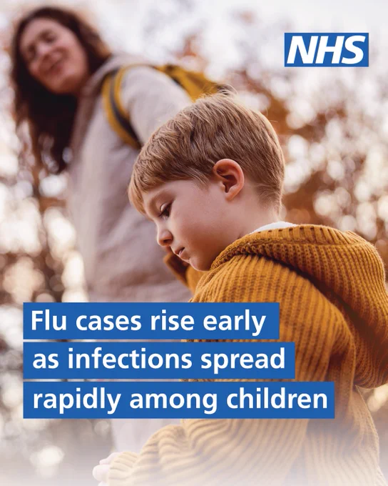 Young child in a mustard yellow sweater outdoors during autumn, holding hands with a parent. Text reads 'Flu cases rise early as infections spread rapidly among children.'