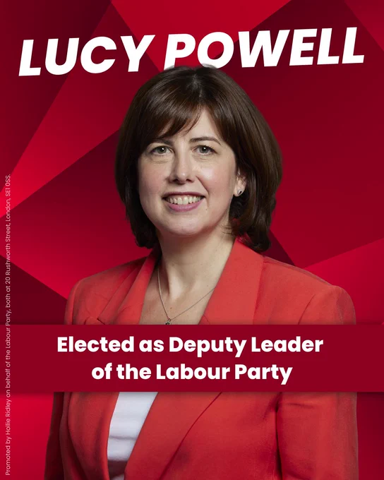A photograph of Lucy Powell MP, Deputy Leader of the Labour Party. Overlaid text reads: Lucy Powell - Elected as Deputy Leader of the Labour Party.