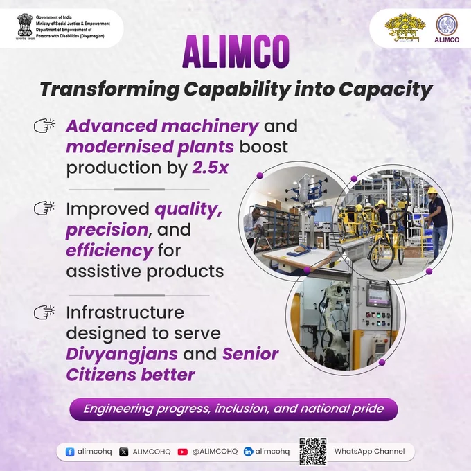 (Transforming Capability into Capacity)
Images of ALIMCO’s modernised facility illustrating enhanced production efficiency.
Text on creative: ALIMCO | Transforming Capability into Capacity — advanced machinery and upgraded plants boosting production by 2.5x, improving quality, precision, and service for Divyangjans and Senior Citizens.
Symbolising engineering excellence, inclusion, and national pride.
