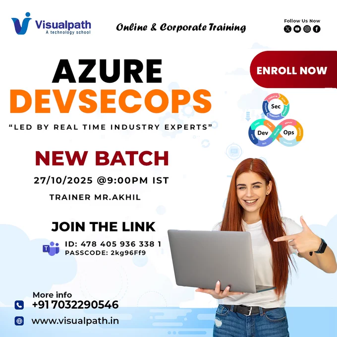 🚀 New Batch Alert – Azure DevSecOps Training!
👨‍🏫 Trainer: Mr. Akhil
📅 Date: 27th Oct 2025
⏰ Time: 9:00 PM (IST)
📍 Join Online: https://teams.microsoft.com/meet/4784059363381?p=h7pUM3nMp0vrRnGyDW
🔑 Meeting ID: 478 405 936 338 1
🔍 Passcode: 2kg96Ff9

💡 What You’ll Learn:
🔹 Secure CI/CD Pipelines on Azure
🔹 DevOps   Security Integration
🔹 Real-Time Hands-On Projects
🔹 Guided by Industry Experts

🎯 Don’t miss this chance to master Azure DevSecOps with live training and real-world examples!

📞 WhatsApp: https://wa.me/c/917032290546
🌐 Visit our Website: https://visualpath.in/azure-devops-online-training.html 

#azuredevsecops #DevSecOpsTraining #Visualpath #cloudsecurity #AzureTraining #DevOpsWithSecurity #OnlineTraining #ITCourses #devsecopsengineer #LearnAzure #cloudcomputing #visualpathtraining