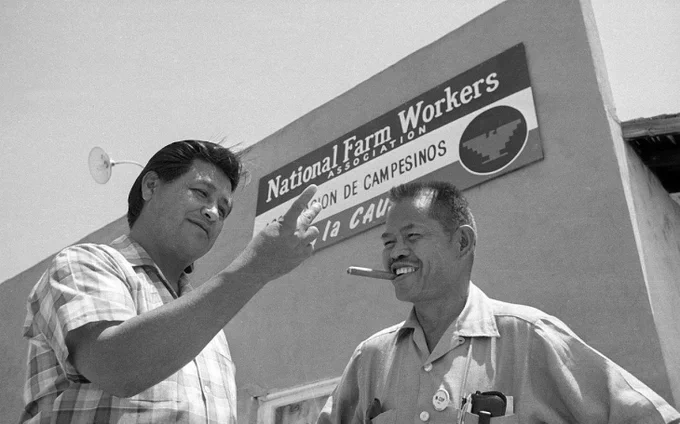 Photo depicts Larry Itliong and Cesar Chavez shortly after the Delano Grape Strike began.