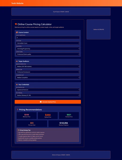 I created an online course pricing calculator. What did you think 🤔🤔. #buildinpublic #Website #free #javascriptbootcamp #SaaS #websol 