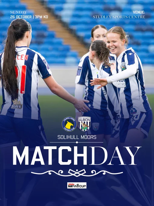 A matchday graphic showing Albion Women vs Solihull Moors. Sunday, October 26 at 3pm. Adobe Women's FA Cup. Studley Sports Centre.