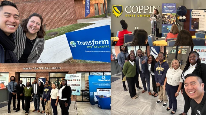 Top left: Selfie of two people outside the Transform Mid-Atlantic sign. 
Top right: Speaker on stage in front of attendees. 
Bottom left: Group picture of eight people. 
Bottom right: Group selfie of nine people. 