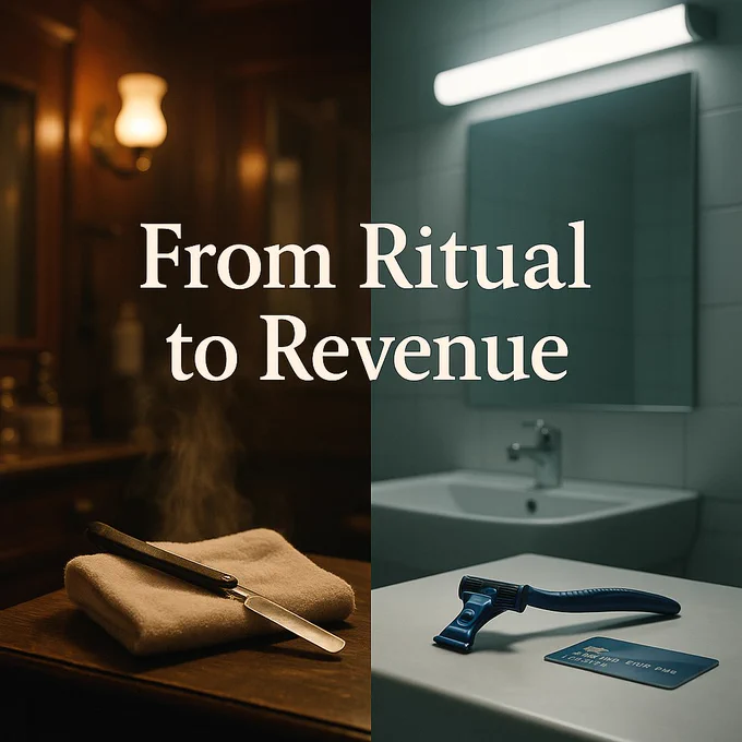 Split image showing the evolution of shaving: on the left, a warm vintage barbershop with a straight razor resting on a towel and soft lamplight; on the right, a cold modern bathroom with a plastic razor and a credit card under fluorescent light. Text in the center reads “From Ritual to Revenue,” symbolizing the shift from craftsmanship and community to convenience and commerce.
