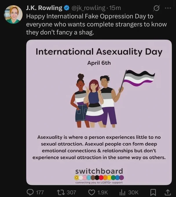 JK Rowling sharing the International Asexuality Day post, but saying "Happy International Fake Oppression Day to everyone who wants complete strangers to know they don't fancy a shag.