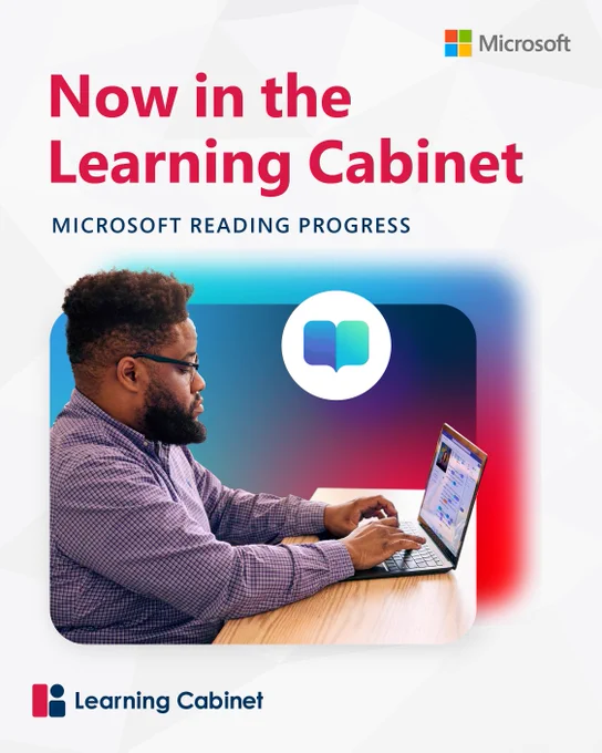 Text reads "Now in the Learning Cabinet: Microsoft Reading Progress."