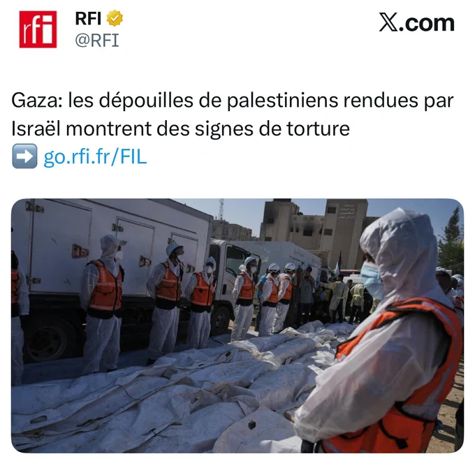 RFI : Gaza: les dépouilles de palestiniens rendues par Israël montrent des signes de torture