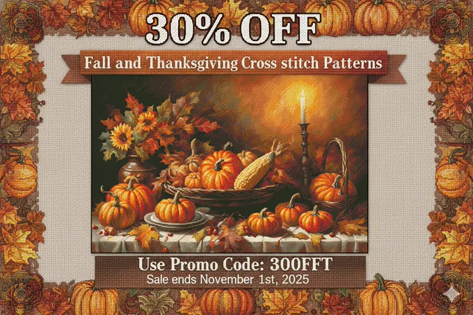 The main image is a rich harvest still life with pumpkins, sunflowers, and a lit candle, surrounded by an ornate border of fall leaves and pumpkins. The promo code is 300FFT and the sale ends November 1st, 2025.