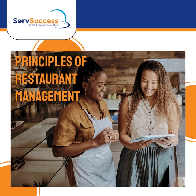 Two individuals reviewing a document together in a restaurant setting, with the logo of ServSuccess, National Restaurant Association displayed in the upper left corner. The setting suggests a focus on restaurant management.