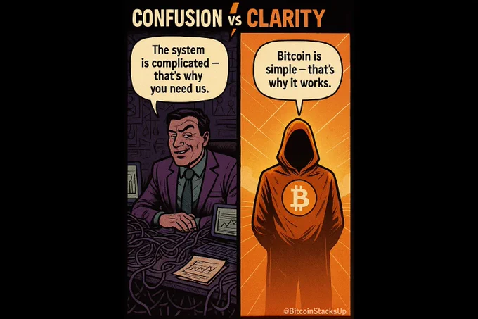 Confusion vs Clarity. The system is complicated, that’s why you need us. Bitcoin is simple, that’s why it works. #Bitcoin #EndFiatMoney