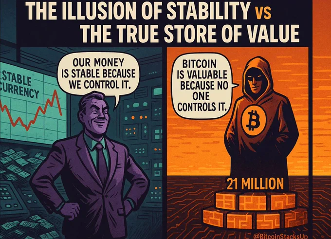 The Illusion of Stability vs The True Store of Value. Our money is stable because we control it. Bitcoin is valuable because no one controls it. #Bitcoin #EndFiatMoney