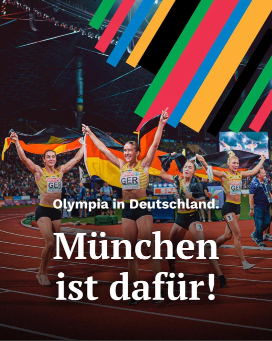 Olympia in Deutschland. München ist dafür. Man sieht das Münchner Olympiastadion und Athlet*innen mit Deutschland-Flaggen.