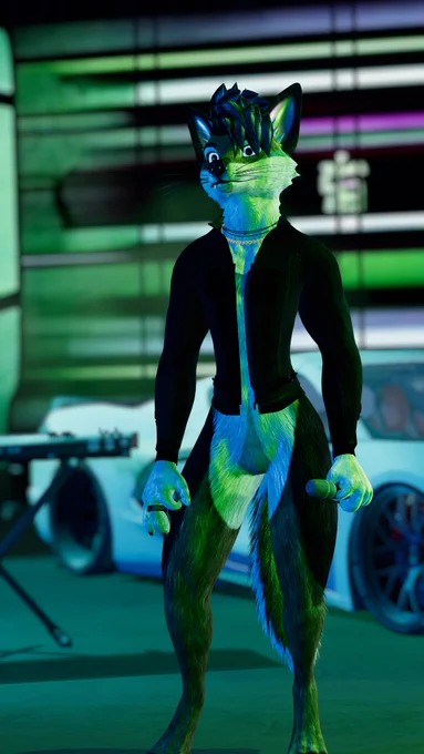 Anthropomorphic wolf performer in a neon-lit VR stage, holding a microphone. Green/blue rim lighting, white sports car and a keyboard stand blurred in the background. Close, full-body framing; rehearsal mood.