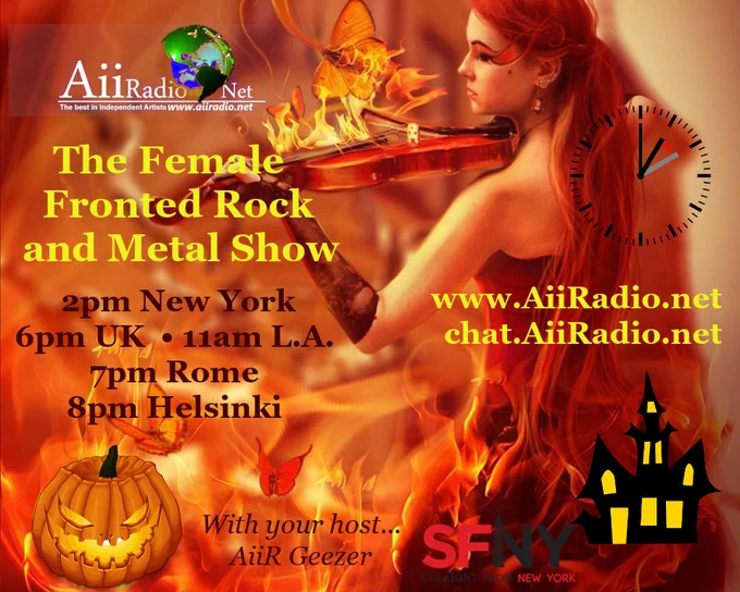 The Female Fronted Rock and Metal Show https://aiiradio.net #AiiR #twitchstreaming
This Monday, Oct 27th at 2pm NYC • 6pm UK • 11am L.A. • 7pm Rome • 8pm Helsinki 🕑
*Please note the time this week may be different in your area because daylight saving time has begun in some regions.
We're thrilled to present the AiiRadio Premiers of Luna Marble and Hel Hath Fury plus excellent new sounds by Minna Ora & Night Thieves!
We're also featuring fabulous music from the likes of Screaming Echoes, Gabrielle de Val, Moonlight Haze, All For Jolly, Rubi Ate The Fig, Vandroya, Next Deed ft. Cindy Gomes, Shiva May Care, Your Screaming Silence, KiaRa, Death by Overkill, Mindmaze, Scarlet Rain, Imaginature, Karen Harding, SynlakrosS, Onyria, Inner Blast, Tori Lamour, DiGregorio, Sheltered Sun, The Flying Caravan, Scarsun, Street Lethal, A Crime Called..., Viper Arms, The Sunrise, Queen of Distortion, Her Alone, Jonathan Young ft. Lauren Babic and RichaadEB and more extraordinary independent artists.