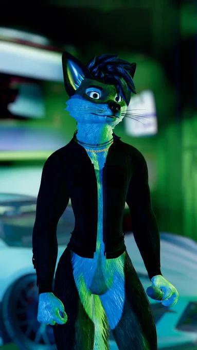 Close, vertical shot of an anthropomorphic wolf performer on a neon-green VR stage, holding a microphone. Blue/green rim light, black jacket, layered necklaces; blurred sports car and screens behind. Rehearsal mood.