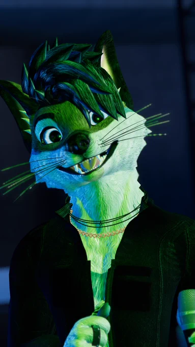 Close-up of an anthropomorphic wolf performer on a neon-lit VR stage, smiling while holding a microphone. Blue/green rim light, black jacket and layered necklaces; prepping gear before a one-take recording.