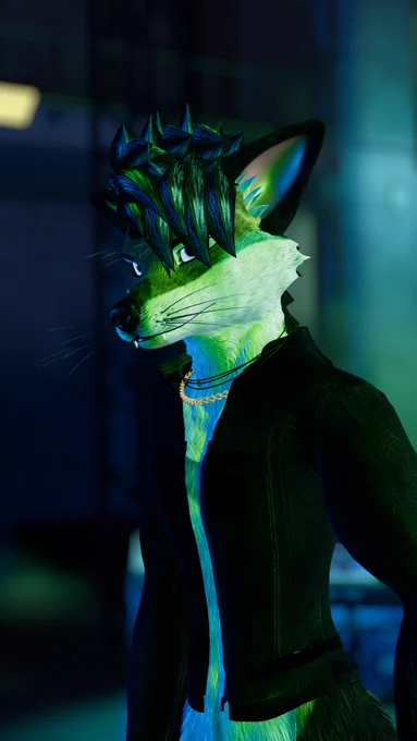 Side-profile close-up of an anthropomorphic wolf performer on a neon-lit VR stage. Green/blue rim light, black jacket and layered necklaces; focused, determined expression. Background softly blurred.