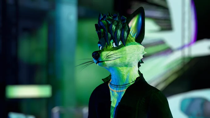 Side-profile of an anthropomorphic wolf performer on a neon VR stage. Blue/green rim light; black jacket and layered necklaces. Background shows blurred fixtures—caption notes that the lighting runs in real time with DMX for the upcoming performance.