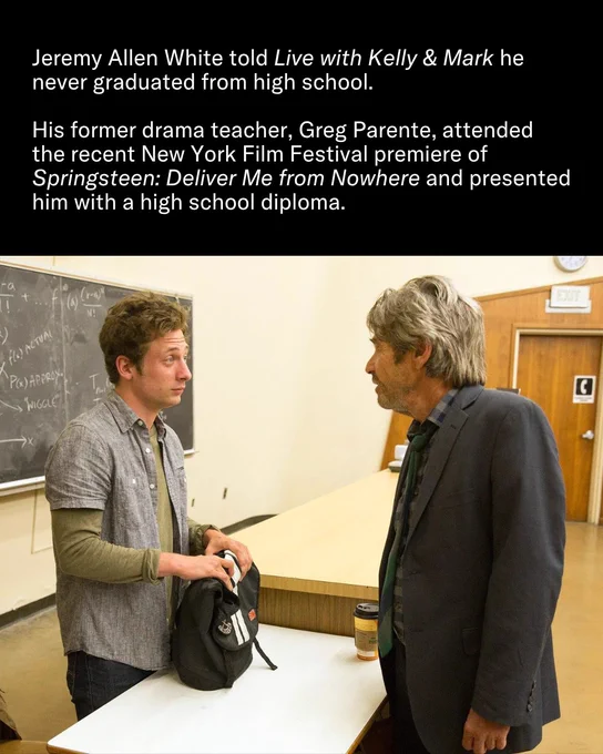 Jeremy Allen White receives a high school diploma from his former drama teacher, Greg Parente, at a New York Film Festival event.