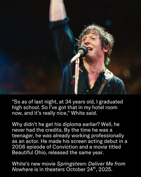 Musician on stage with a microphone, smiling. Text discusses his late high school graduation at 34 and upcoming movie release in 2025.