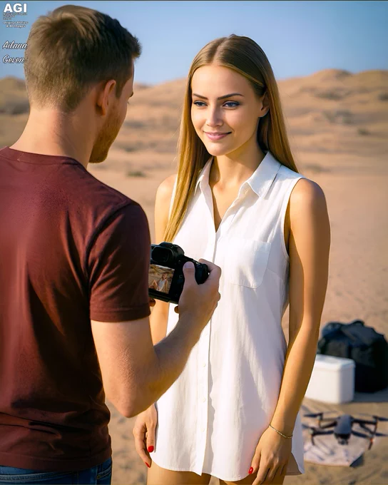 Ailana checks in on location near Rudolph, Texas.

Ailana Geven stands in the desert west of Rudolph, Texas, wearing a sleeveless white shirt dress as she reviews photos on the back screen of a mirrorless Canon camera held by photographer Jason Keller. The midday sunlight highlights her straight blonde hair and calm expression as dunes stretch into the distance. Behind them sit a white cooler, a black camera bag, and Clay Everett’s DJI drone, showing the collaborative setup for the team’s skincare campaign shoot.
