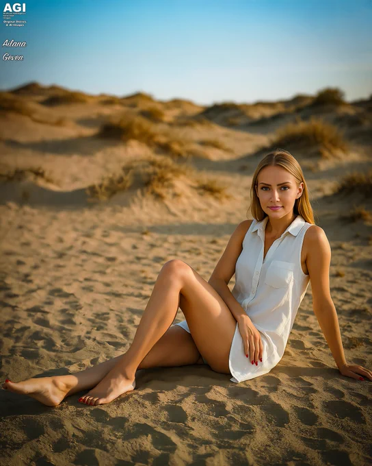 Ailana Geven sits barefoot on warm desert sand west of Rudolph, Texas, during golden hour. Wearing a sleeveless white shirt dress, she looks toward the camera with a calm, confident expression as sunlight highlights the contours of her legs and the texture of the dunes behind her. The scene captures the soft, radiant glow central to her skincare campaign theme, “Protection for Even the Driest Conditions.”