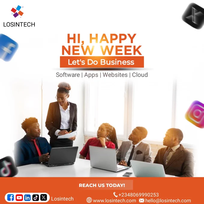 Losintech's happy New week flyer showing a group of young professionals in an office meeting