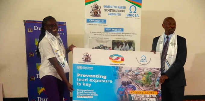 Sherry Kochiyo, Monitoring and Evaluation Officer @CEJAD receiving the Award presented at the University of Nairobi, during the International Lead Poisoning Prevention Event on behalf of CEJAD